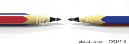 Opposing pencils with flags of Costa Rica and Russia. Conflict concept, 3d rendering 70538746