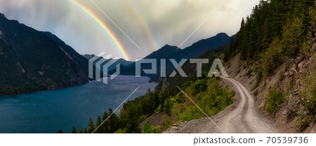 Beautiful Panoramic view of a Dirt Road in the Mountain Valley near Lake 70539736