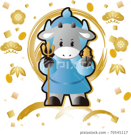 New Year's card 2021 ox year cow's seven lucky gods Bishamonten illustration material New Year's card 2021 ox year cow's seven lucky gods Bishamonten illustration material 70545117