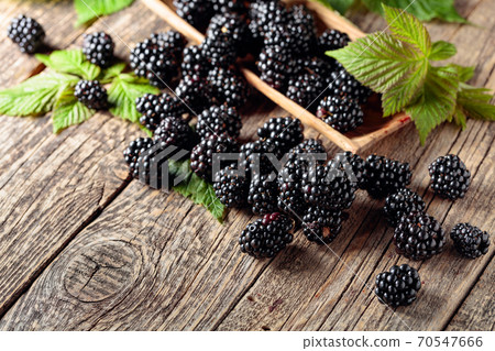Ripe juicy blackberries with leaves on a wooden table. 70547666