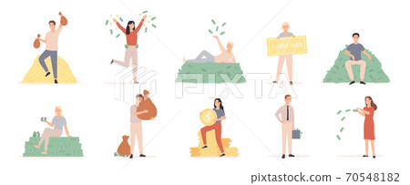 Rich people. Happy wealthy woman, man millionaire bathing in money, businessman magnate and cash dollar banknote finance profit vector set 70548182