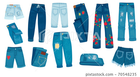 Denim jean pants. Trendy fashion female jeans. Cartoon ripped shorts and trousers with patches and texture. Casual style clothes vector set 70548235