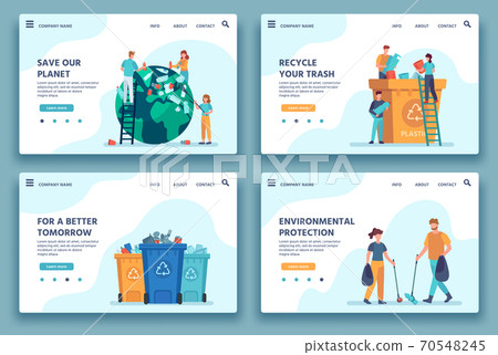 Recycling trash landing page. People collecting and sorting garbage for recycle. Eco lifestyle. Reduce environment pollution web site vector Recycling trash landing page. People collecting and sorting garbage for recycle. Eco lifestyle. Reduce environment pollution web site vector 70548245