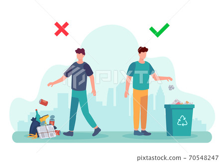 Littering behavior. Infographic of correct and wrong examples of throwing out garbage. Illustration of man disposing trash in container 70548247