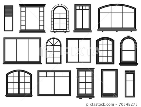 Window silhouettes. Exterior framing windows, black outline ornate arches and doors architectural building elements, isolated vector set 70548273