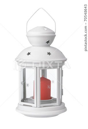 Front view of white metal lantern candle holder 70548643