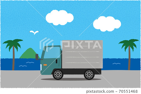 Vector illustration of a green truck on the road by the sea Vector illustration of a green truck on the road by the sea 70551468