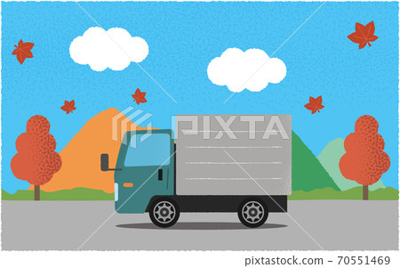 Vector illustration of a green truck on a road along the mountain in autumn Vector illustration of a green truck on a road along the mountain in autumn 70551469