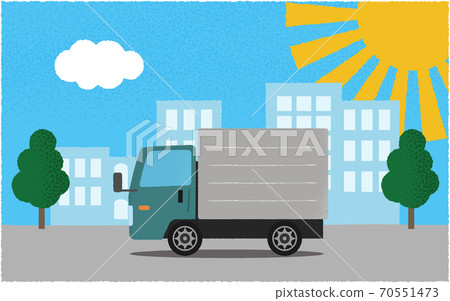 矢量圖的一輛綠色的卡車,在烈日下的城市道路上行駛 矢量圖的一輛綠色的卡車,在烈日下的城市道路上行駛 70551473
