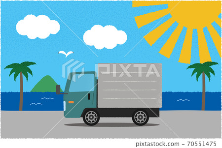 在炎熱的陽光下海邊的道路上的綠色軌道的矢量圖 在炎熱的陽光下海邊的道路上的綠色軌道的矢量圖 70551475