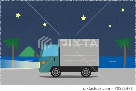 Vector illustration of a green truck on the road by the sea with lights on at night Vector illustration of a green truck on the road by the sea with lights on at night 70551478