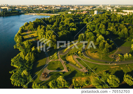 Top view of the city Park in Chizhovka.Recreation Park with bike paths in Minsk.Belarus Top view of the city Park in Chizhovka.Recreation Park with bike paths in Minsk.Belarus 70552703
