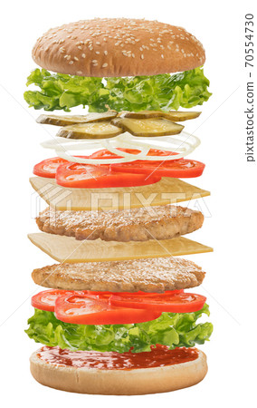 Hamburger with ingredients floating in the air 70554730