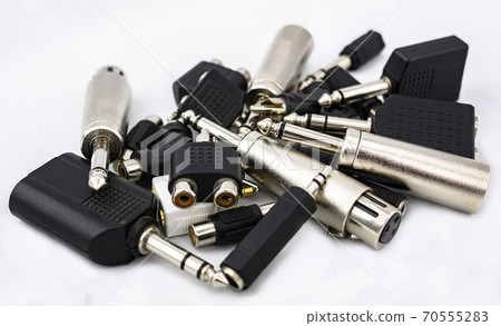 Pile of jack, rca, stereo, mono, mini jack, male and female audio connectors Pile of jack, rca, stereo, mono, mini jack, male and female audio connectors 70555283