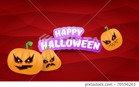 Halloween Horizontal web Banner or poster with Halloween scary pumpkins gang isolated on a red background. Funky kids Halloween concept background with greeting text 70556263