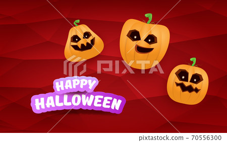 Halloween Horizontal web Banner or poster with Halloween scary pumpkins gang isolated on a red background. Funky kids Halloween concept background with greeting text 70556300