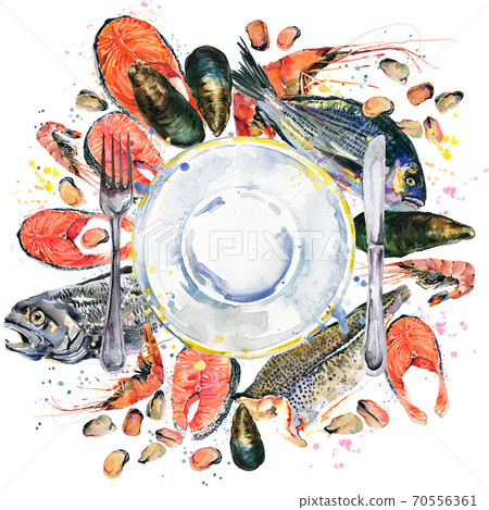 fresh seafood watercolor illustration. raw fish menu 70556361