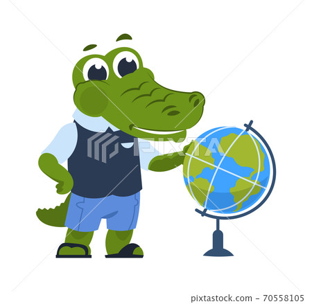 Cartoon crocodile with globe. Alligator in clothes learns geography, animal studying at academy. Education and school equipment logo template, uniform shop advertising, vector illustration 70558105