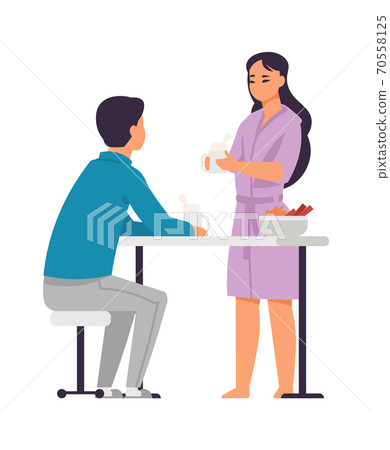 Family breakfast. Morning meal, young man and woman staying at home. Happy couple spending time together. Wife gives husband hot coffee. Vector cozy home scene flat isolated illustration 70558125