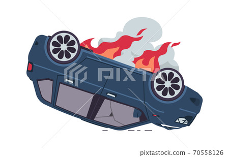 Burning car. Automobile crash, auto accident, inverted car with fire, broken windows and dark smoke. Damaged vehicle poster, tow truck advertising. Vector road traffic isolated illustration Burning car. Automobile crash, auto accident, inverted car with fire, broken windows and dark smoke. Damaged vehicle poster, tow truck advertising. Vector road traffic isolated illustration 70558126