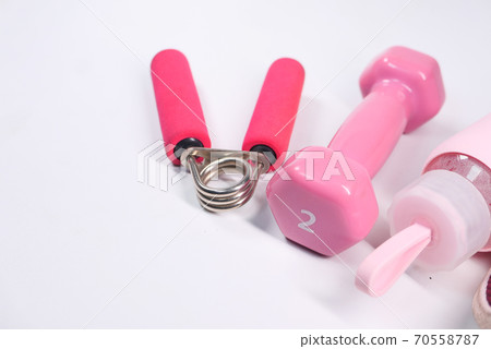 pink color dumbbell and water bottle on white background  70558787