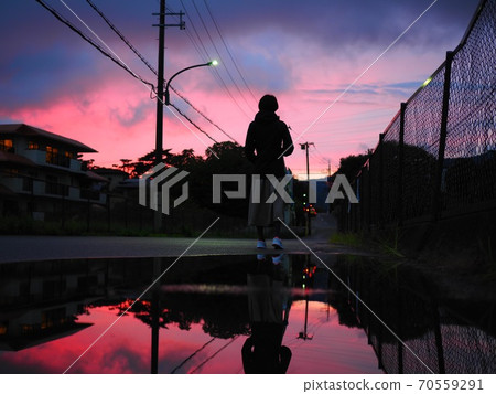 Woman walking while watching the sunset Woman walking while watching the sunset 70559291