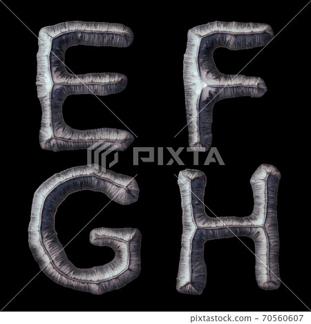 Set of capital letters E, F, G, H made of forged metal isolated on black background. 3d Set of capital letters E, F, G, H made of forged metal isolated on black background. 3d 70560607