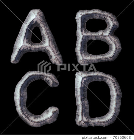 Set of capital letters A, B, C, D made of forged metal isolated on black background. 3d Set of capital letters A, B, C, D made of forged metal isolated on black background. 3d 70560608
