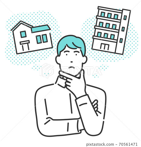 Illustration of a man comparing a detached house and an apartment about his own home 70561471