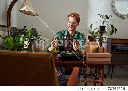 Florist taking care about cactuses 70564236