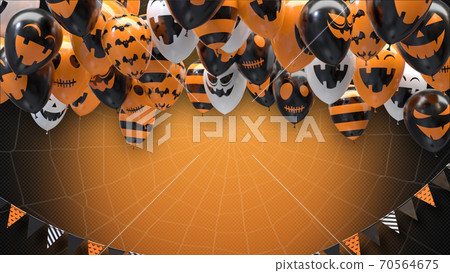 3d render orange gradient background of halloween balloons hanging flags on a rope 70564675