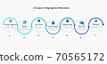 Seven circular arrows with icons, place for text are located in a horizontal row. Concept of 7 steps or stages of progressive development. Vector 10 EPS. Simple infographic template 70565172