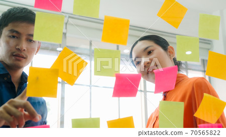 Business people work on project planning board Business people work on project planning board 70565822