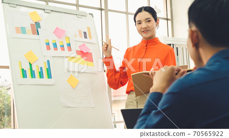 Young woman explains business data on white board Young woman explains business data on white board 70565922