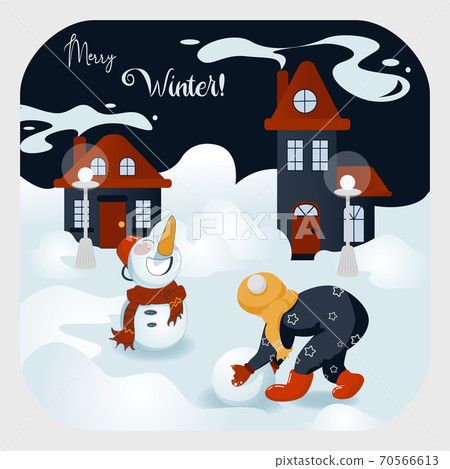 Snowy Town Landscape with Kid and Snowman 70566613