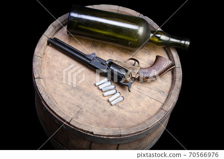 Old West Weapon - Percussion Army Revolver with paper cartidges and green glass liquor bottle 70566976