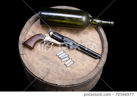 Old West Weapon - Percussion Army Revolver with paper cartidges and green glass liquor bottle Old West Weapon - Percussion Army Revolver with paper cartidges and green glass liquor bottle 70566977