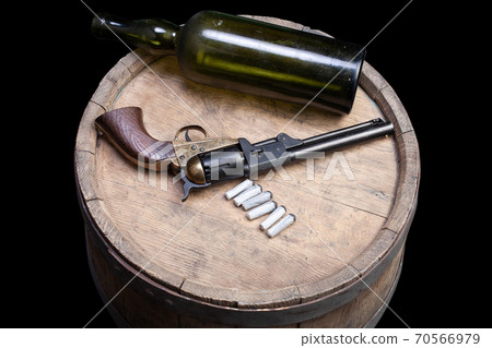 Old West Weapon - Percussion Army Revolver with paper cartidges and green glass liquor bottle Old West Weapon - Percussion Army Revolver with paper cartidges and green glass liquor bottle 70566979