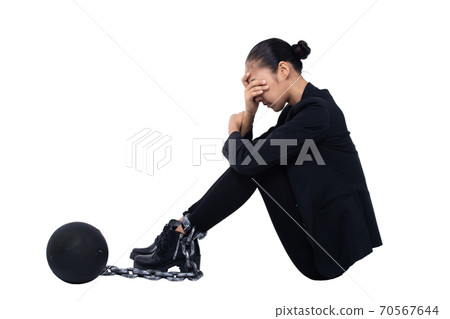 Concept Heavy Debt burden lock tight on woman leg 70567644