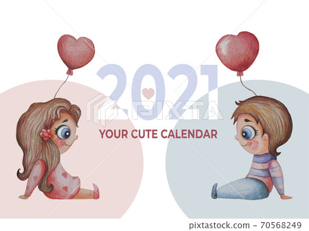 Calendar 2021 watercolor. Cover template for a monthly calendar. Watercolor drawing - cute children - boy and girl with balloons. Text - your cute 2021 calendar. Design planner, stationery. eps10, A3 Calendar 2021 watercolor. Cover template for a monthly calendar. Watercolor drawing - cute children - boy and girl with balloons. Text - your cute 2021 calendar. Design planner, stationery. eps10, A3 70568249