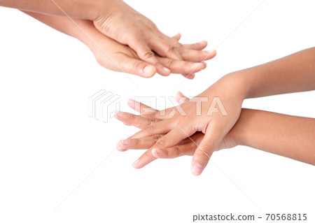 Mother teaches children to wash their hands with alcohol gel isolated on white background Mother teaches children to wash their hands with alcohol gel isolated on white background 70568815