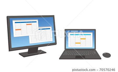 Illustration of dual monitor of laptop and large screen display / white background 70570246