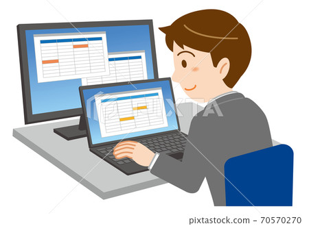 Illustration of a young man in a suit doing office work on a laptop and a large screen external monitor / white background Illustration of a young man in a suit doing office work on a laptop and a large screen external monitor / white background 70570270