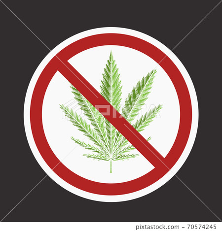 Color drawing of leaf of marijuana in the prohibition sign. Ban on cannabis. Stop smoking herbs. 70574245