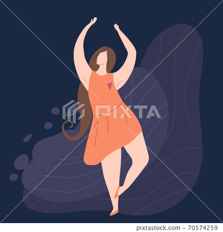Beautiful joyful woman dancing on abstract background. Modern flat illustration of a strong self sufficient woman 70574259