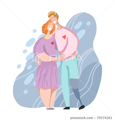 Romantic hug couple ordinary woman and man with leg prosthesis. Relationships and love. Date in modern flat style. Family and unity of people. Romantic hug couple ordinary woman and man with leg prosthesis. Relationships and love. Date in modern flat style. Family and unity of people. 70574261