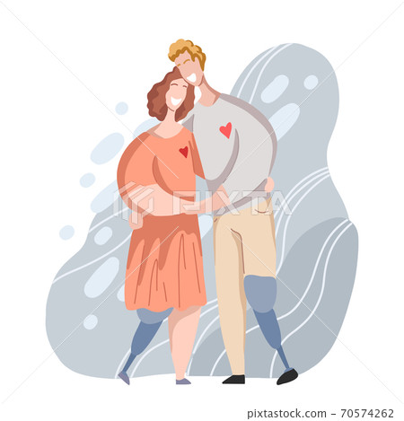 Happy couple with legs prosthesis hugging and laughing. Relationships and love. Date in modern flat style. Family and unity of people. Happy couple with legs prosthesis hugging and laughing. Relationships and love. Date in modern flat style. Family and unity of people. 70574262