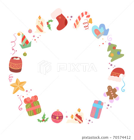 Circle festive frame with ornament, hollie, gift, sweet, Santa hat, serpentine, mittens and confetti. Round christmas template 70574412