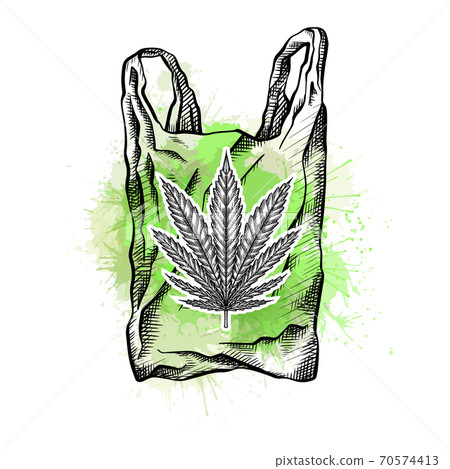 Nature bag with hatching, marijuana leaf and green watercolor splashes. Eco friendly bag zero waste. Recycled waste. Ecological problem. Vector drawing 70574413