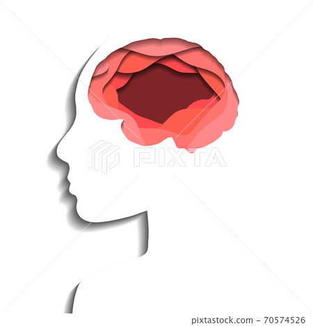 Layered human profile and brain cut out of paper on white background. Paper cut origami. Meditation and education. Vector illustration Layered human profile and brain cut out of paper on white background. Paper cut origami. Meditation and education. Vector illustration 70574526